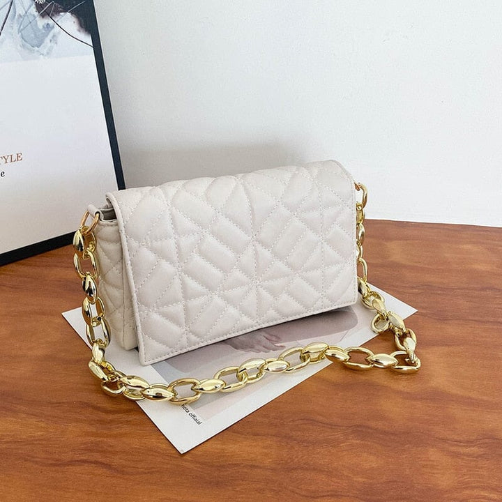 Bolsa de Ombro Feminina - Alça Corrente Grossa Carteira Lanus Store Bolsa de Ombro Bege 23x14x6cm 